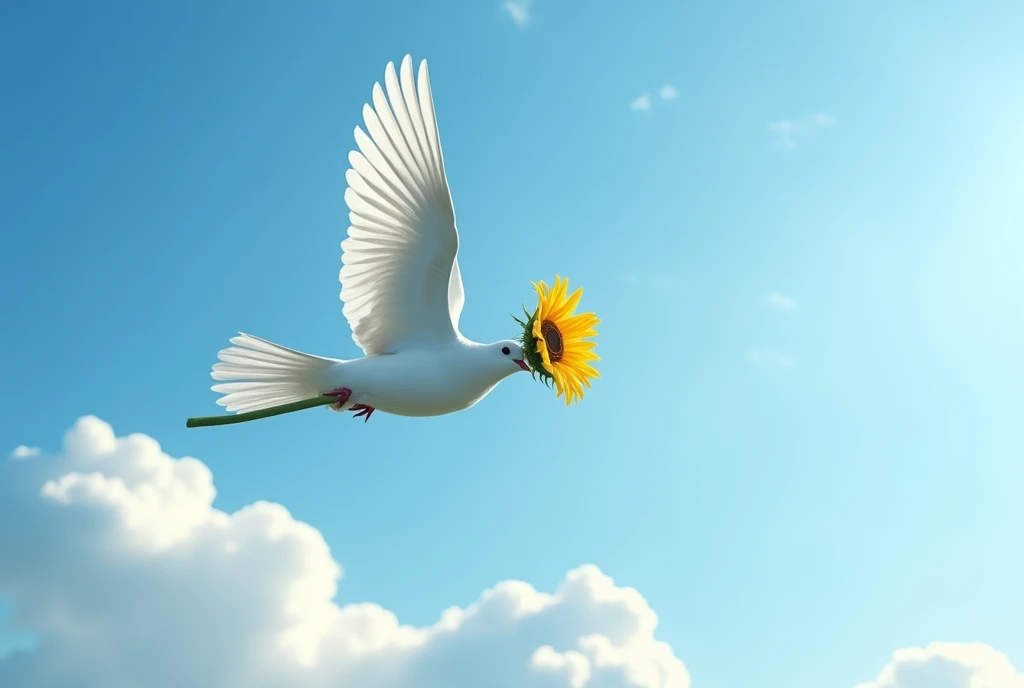 A dove carrying sunflower with its stem flying in sky with clouds 
