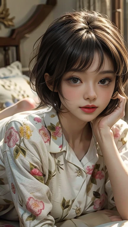 Cute girl lying face down on the bed and staring at you, 22 years old, Realistic, She wears a short, She is wearing floral pajamas, short hair.