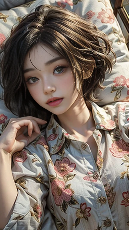 Cute girl lying face down on the bed and staring at you, 22 years old, Realistic, She wears a short, She is wearing floral pajamas, short hair.