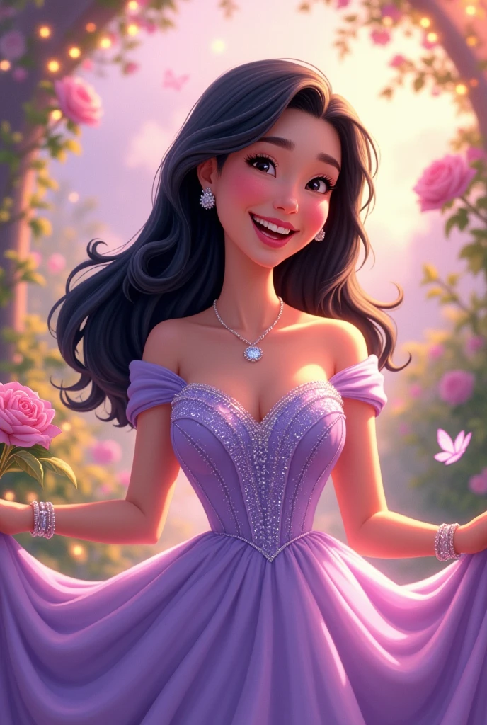 Disney style illustration of a 45 year old chubby white woman, straight medium black hair , lilac formal wear and happy and grateful 