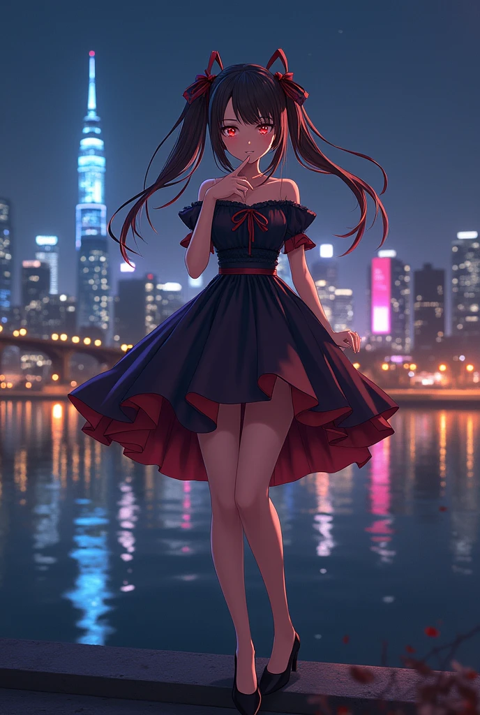 date a girl like the anime ".dstaclejessy" in real life, she is wearing her dress from that game, the background of city skyline at night and river with a dark sky, her hair has long red ribbons on top of head and brown color down to shoulders, red eyes with yellow irises, she holds one finger near mouth as if shushing someone or asking for silence, she wears black high heels, she smiles slightly while looking into camera, full body shot