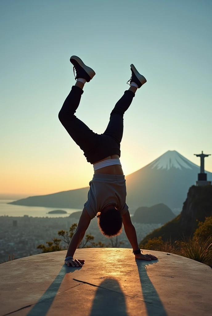 "A breakdancer in a dynamic back flip pose , captured at sunset in an iconic setting that combines the Christ the Redeemer statue and Mount Fuji in the background. The dancer displays powerful and fluid movements, wearing casual and modern clothing that contrasts with the grandeur of the monuments. The soft sunlight illuminates the scene, creating dramatic shadows and a cinematic atmosphere, while the clear blue sky adds depth and serenity to the moment."
