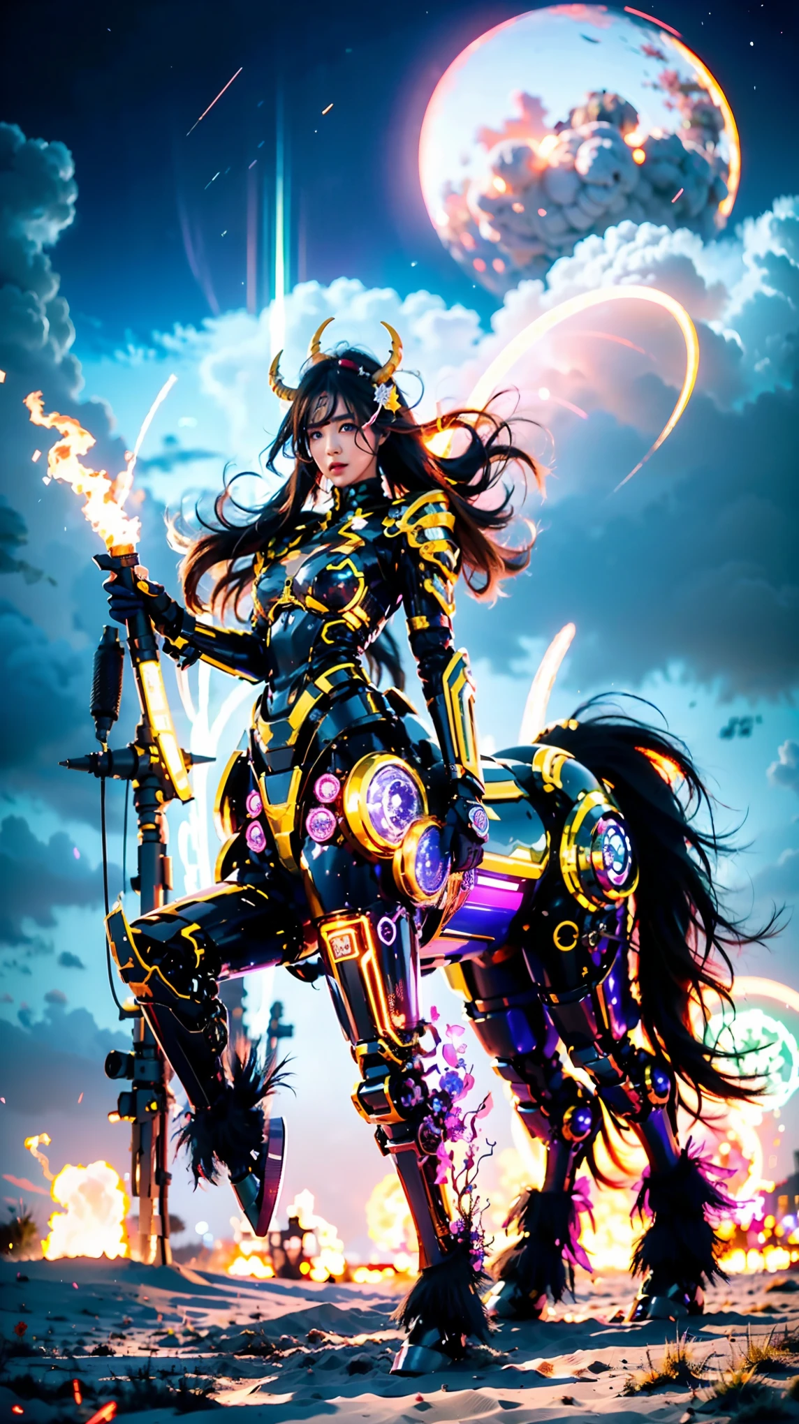 In the beautiful illustration of this super-grand scene,The ultra-distant lens shows us(More than eight distinctive and beautiful female centaurs,Half man, half horse,Half man, half horse角色:9.9),Their personality、Distinctive and vivid features。from(A radiant, angelic, snow-white centaur from heaven:1.1),arrive(Nightmare-like fiery red centaur surrounded by flames:1.1)、再arrive(Green Centaur, the wind fairy dancing in the air:1.1)、再arrive有(One-horned blue centaur surrounded by lightning:1.1),arrive(A mechanical-style mecha Centaur shining with metallic light:1.1)、再arrive(A powerful dragon-shaped centaur wearing colorful dragon scale leather:1.1)、再arrive(A slender elven centaur that is graceful and agile:1.1)Gracefully wears a flower crown、arrive(Enchanting and charming Tiflin centaurs:1.1)、再arrive(A succubus centaur with an indescribably sexy feeling:1.1)。Each Centaur character fully demonstrates his unique style。The illustration uses advanced artistic techniques and tools,Use nesting、Weaving、Splicing、perspective、interlude、Montage and other artistic techniques,Divide the scene into sections by geometric arrangement,Each part corresponds to a role,from而更有效地利用了空间,Make eight centaurs exist in one picture at the same time,(The style tends to be grotesque、Hayao Miyazaki、Aesthetic、Unavailable:3.3)。Through Midjourney's advanced brush tools、Color palette、Material packs和模型包、Texture tools,For each centaur, beautiful props are designed to increase racial characteristics、Clothing and physical features,Enhances the character's personality and visual appeal,(Stunning landscapes in illustrations,There are changing skies、rainbow、aurora、Stars and Moon,Incorporating iconic landmarks such as Mount Everest,and fireworks、A tranquil lake、Natural and urban elements of waves and neon lights,Creates a magical atmosphere:1.5),Centaurs demonstrate their unique abilities and equipment in a variety of environments,This is true even in extreme alien landscapes。Use Midjourney's tools、Material packs、Texture tools、The color palette makes depicting details vivid and realistic,from复杂的发型和以及不同的种族特质、Body、Appearance features、服装arrive真实的纹理,Greatly improved the realism of the Centaurs and their surroundings,The fusion of multiple art styles adds dynamism to the character's movement at every angle,The overall visual experience is further enriched。The final illustration was described as a "masterpiece",It has the characteristics of "best quality" and "realistic",The details put into the creative process are shown、Level of creativity and craftsmanship。 hdr,(Reality,Masterpiece quality,Best quality)