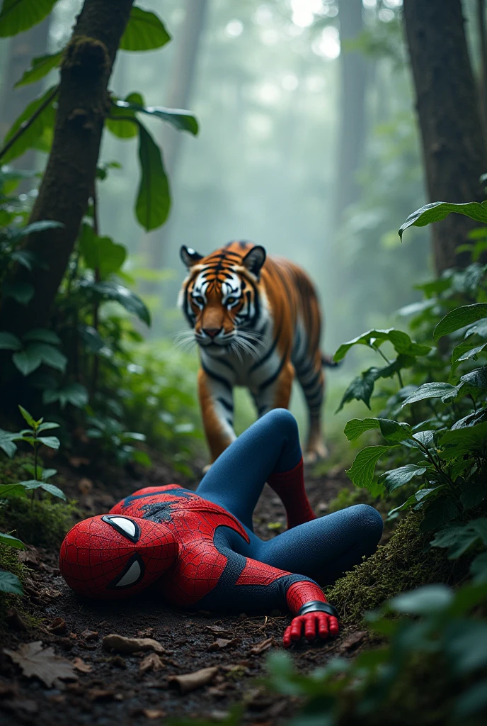 The tiger, having asserted its dominance, walks away into the jungle. The camera focuses on Spider-Man’s damaged suit and his struggle to move. He pulls himself up, barely able to stand, watching as the tiger disappears into the mist.