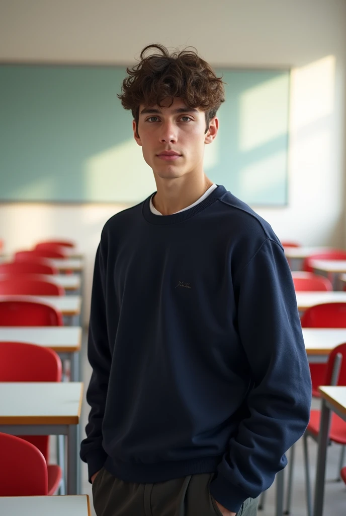 Create a hyper realistic poster of a white 16 year old MAN, with wavy brown hair and dark brown eyes, hairstyle must be short curtains/middle part, slim build, dark navy blue sweater/jersey, background must be a white empty classroom with white desks and red chairs, in the University of the Incarnate Word Bajío, Mexico, facial expression must be neutral. Ethnicity must be white. Soft facial features, And a feminine jawline with a short ramus length. Poster must include a text saying “Alfred Brizuela”. Soft jawline. Hair length is slightly short