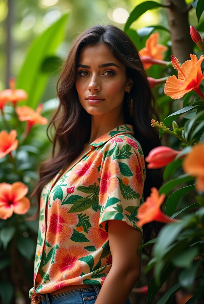 A Brazilian woman in a lush tropical garden, wearing an open shirt with a floral print, with a close-up capturing the harmonious beauty between her breasts and the natural flowers, showing off your natural charm and outgoing personality.