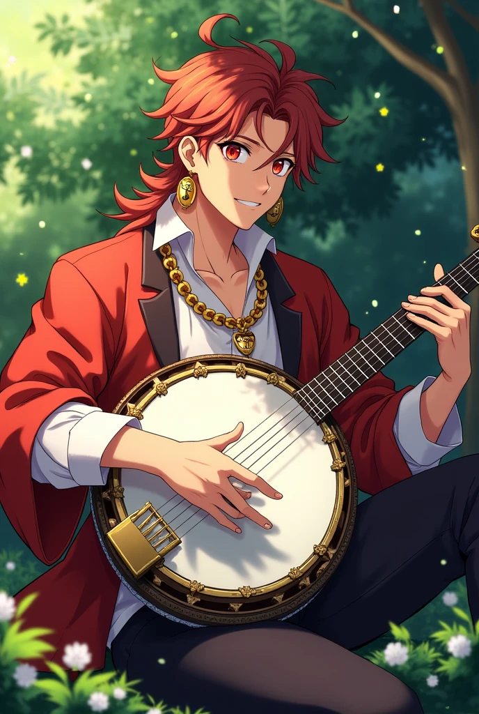 Art of the anime Kimetsu no yaiba, a tall and strong man, He is 27 years old and has orange eyes with red details around the eyes., has hair combed to the right side and a small smile, has large gold earrings and a gold chain with the symbol of a musical note, wears a white jacket with a black shirt underneath, is sitting holding his big banjo.