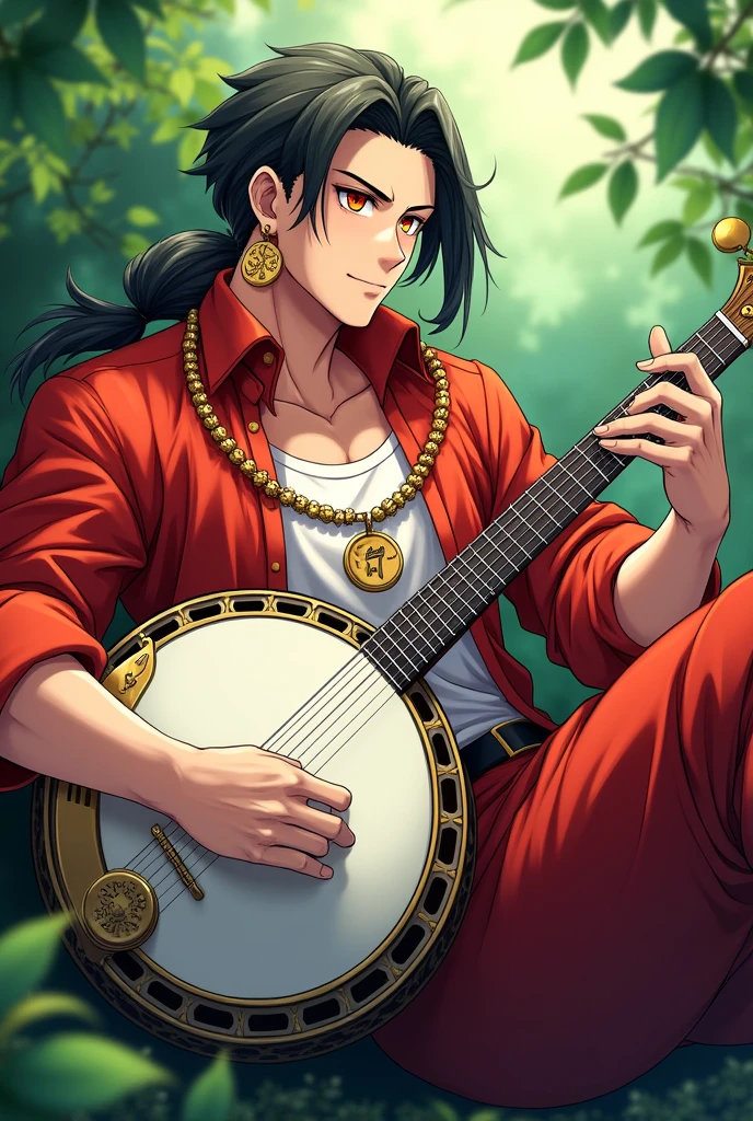 Art of the anime Kimetsu no yaiba, a tall and strong man, He is 27 years old and has orange eyes with red details around the eyes., has hair combed to the right side and a small smile, has large gold earrings and a gold chain with the symbol of a musical note, wears a white jacket with a black shirt underneath, is sitting holding his big banjo.