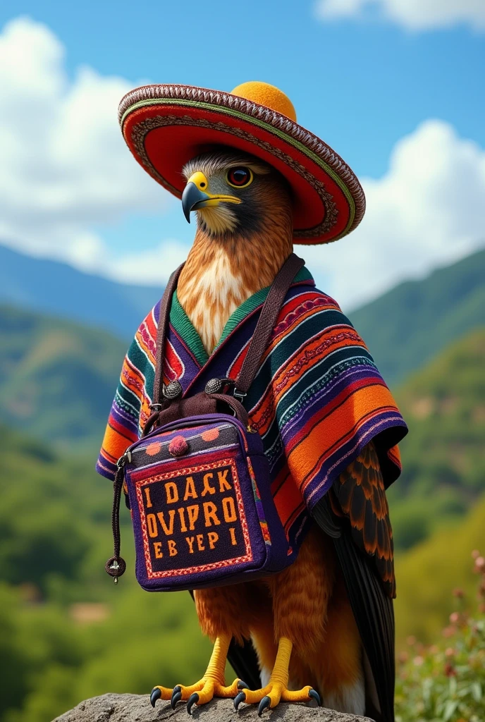 Falcon adorned with a paisa hat, with poncho and saddlebag in the form of a slogan