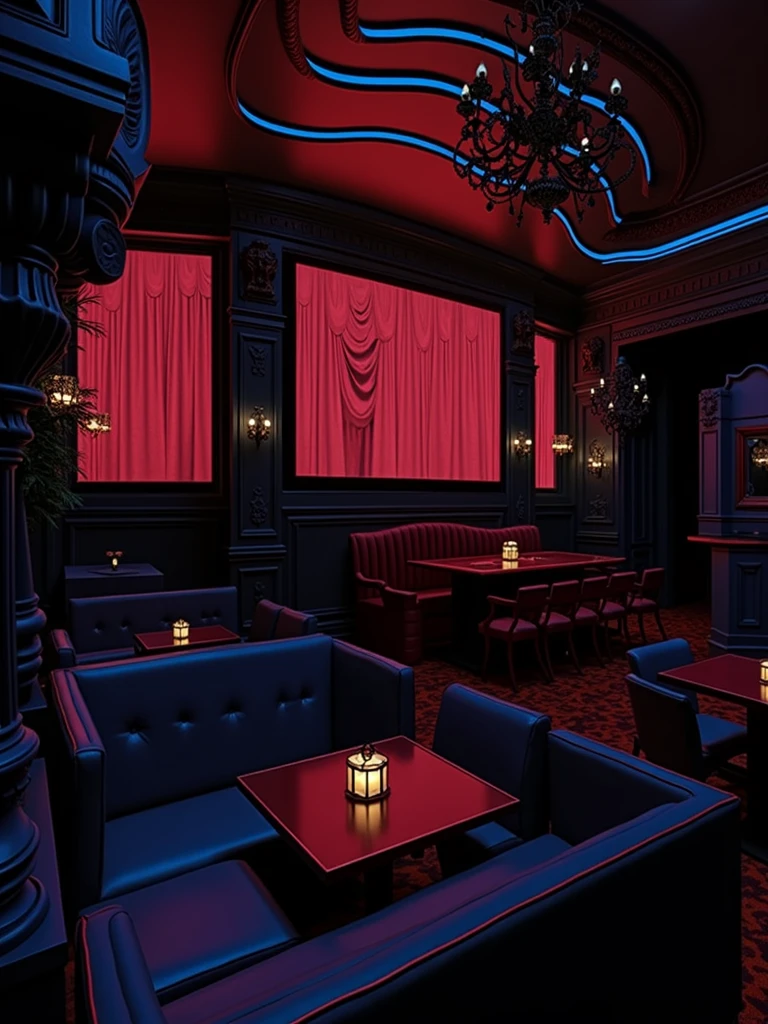 there is a room with tables and chairs and a projector screen, detailed an empty jazz cafe, ballroom background, random background scene, neo - noir setting, red room, nightclub, stage background, vip room, rich atmosphere, theatrical scenery, theater stage, empty stage, palatial scene, fancy restaurant, rich cinematic atmosphere, va-11 hall-a