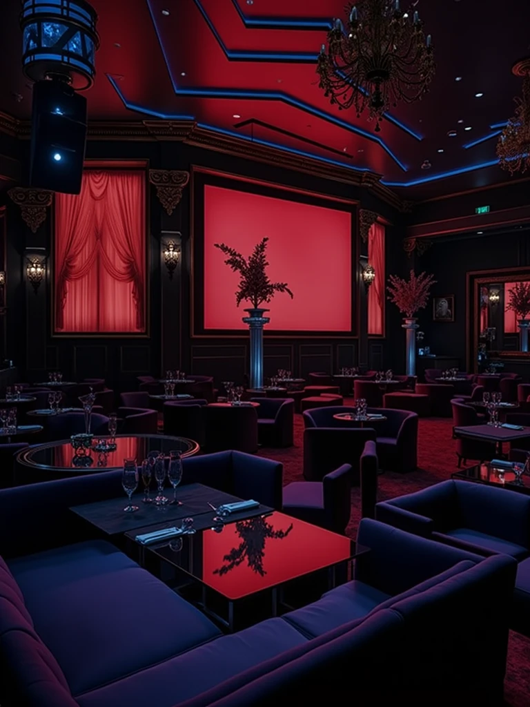 there is a room with tables and chairs and a projector screen, detailed an empty jazz cafe, ballroom background, random background scene, neo - noir setting, red room, nightclub, stage background, vip room, rich atmosphere, theatrical scenery, theater stage, empty stage, palatial scene, fancy restaurant, rich cinematic atmosphere, va-11 hall-a