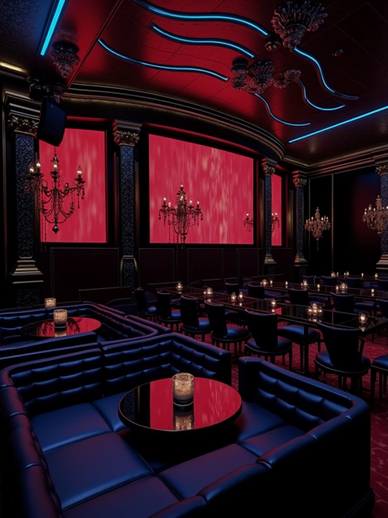 there is a room with tables and chairs and a projector screen, detailed an empty jazz cafe, ballroom background, random background scene, neo - noir setting, red room, nightclub, stage background, vip room, rich atmosphere, theatrical scenery, theater stage, empty stage, palatial scene, fancy restaurant, rich cinematic atmosphere, va-11 hall-a