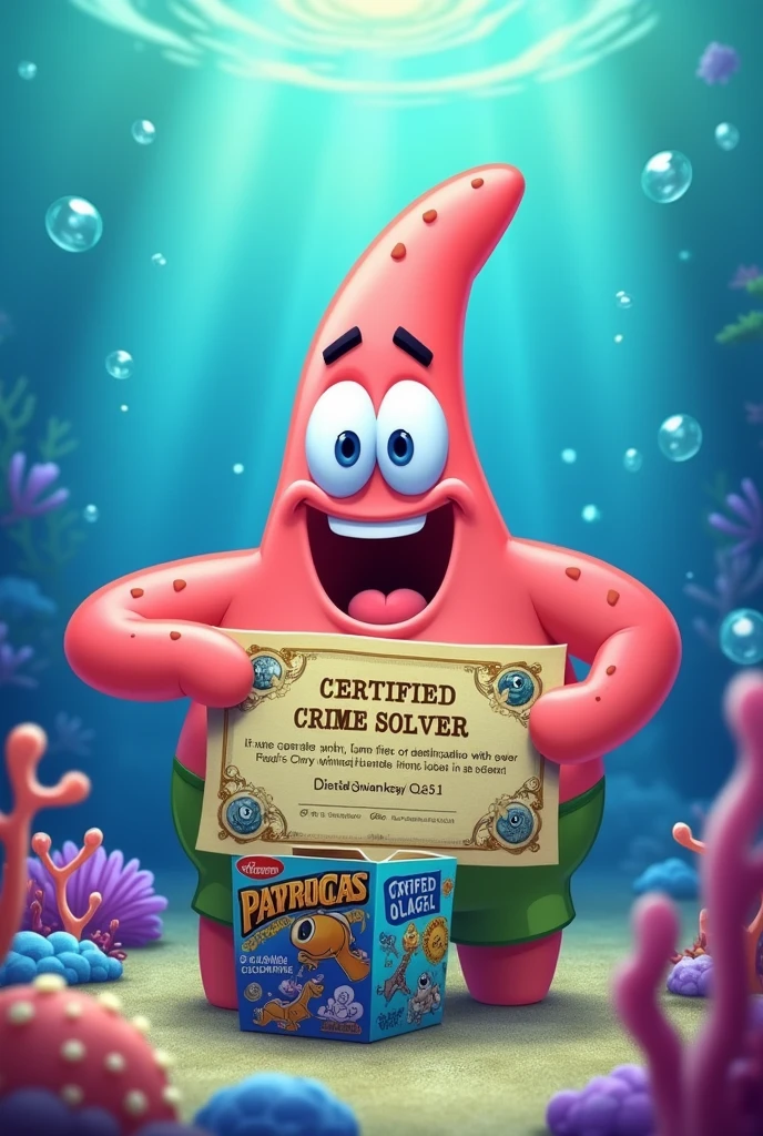 patrick star crime solving degree from cereal box, give me the picture of him opening the box and receive the degree, INCLUDE THE SOLVING DEGREE FROM THE BOX OF 