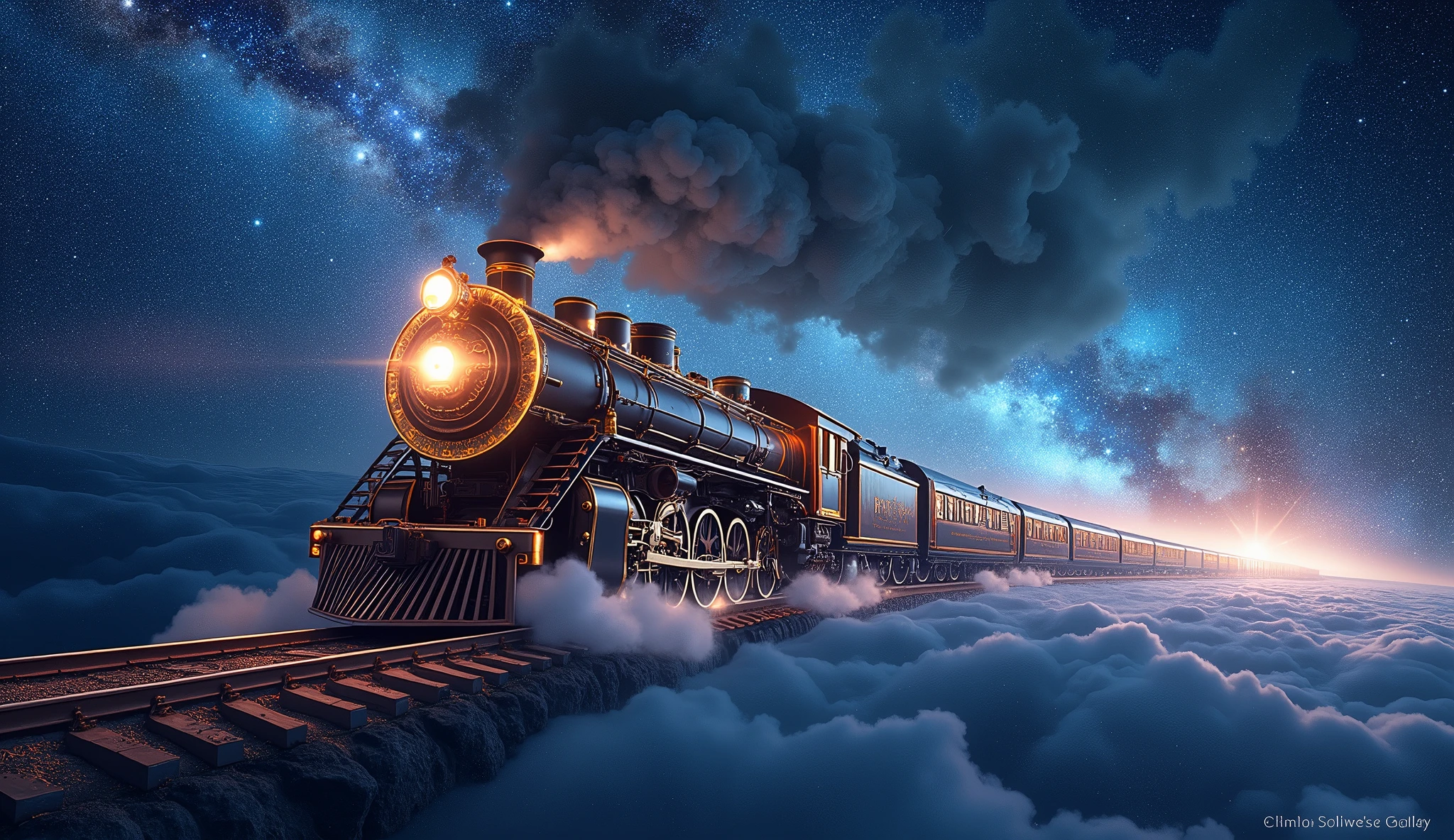 Night Sky、Star of the sky、Flying steam locomotive、Galaxy Express 999,Side view、A work with a starry sky as the main focus