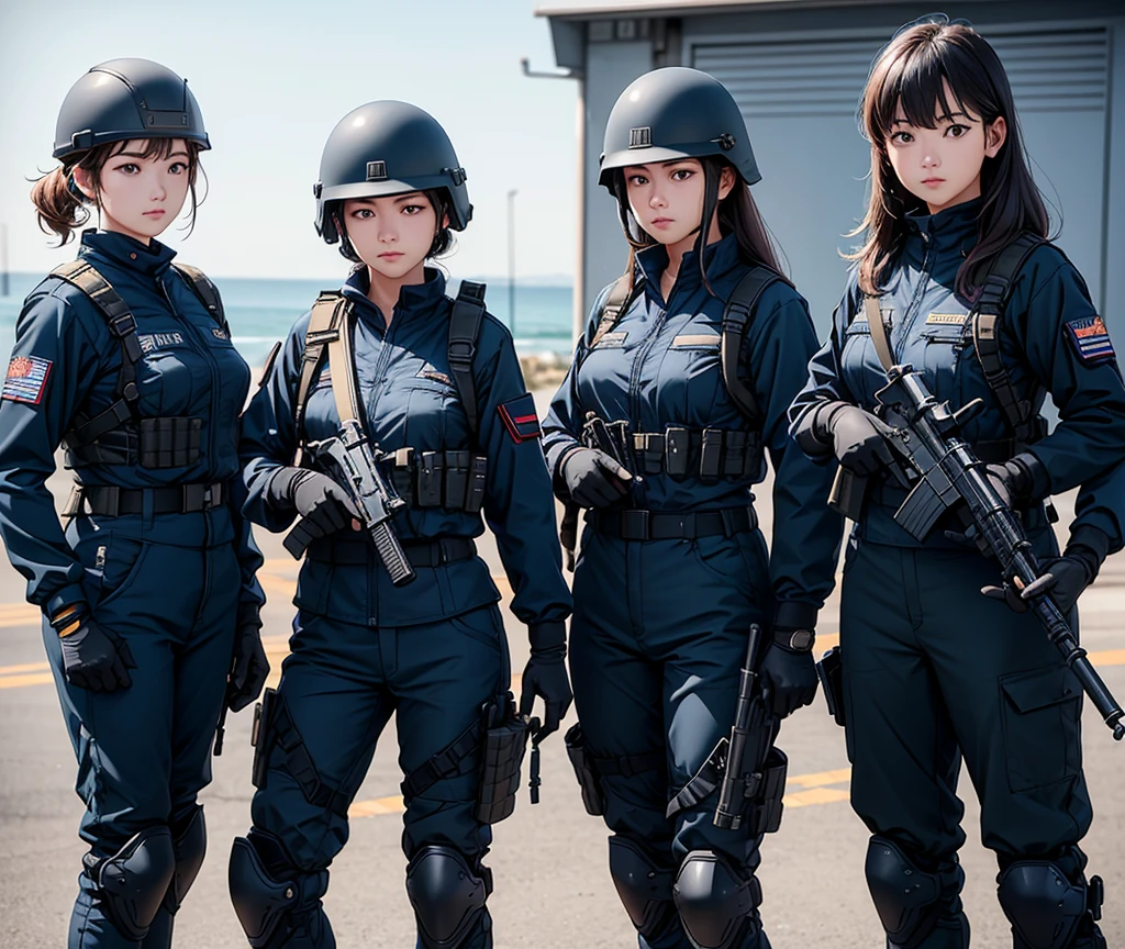 Four female special forces soldiers wearing helmets，Navy blue uniforms、Military Pants、Knee pads、Hold a gun in both hands、Standing side by side、Write details、masterpiece、best quality、Highly detailed CG、8K picture quality
