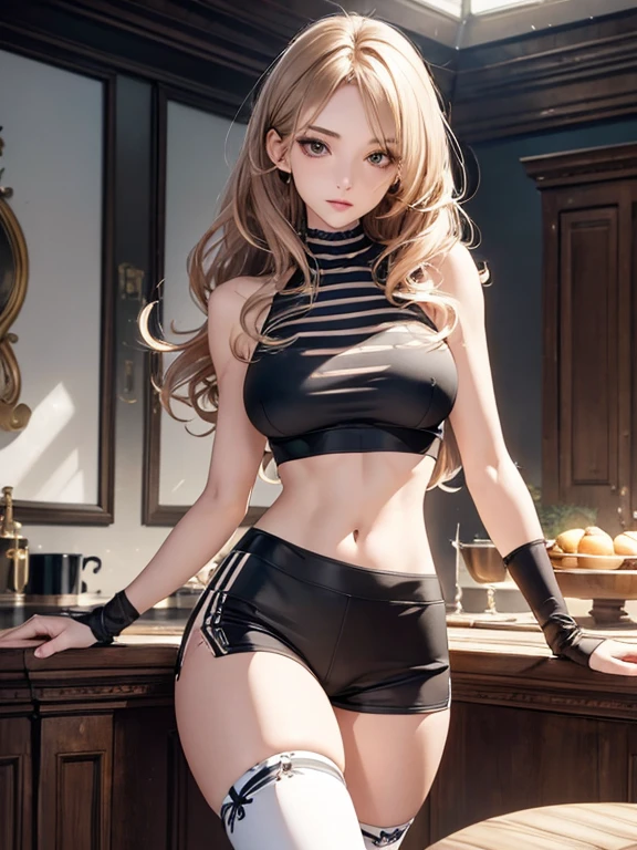 Best Quality, ultra high resolution, 32k, hyper realistic, ultra-detailed, Very detailed CG 8k wallpaper, detailed background, landscape, Beautiful Lighting, Perfect Lightning, Realistic Shadows, perfect anatomy, anatomically correct, ideal ratio body proportions, perfect figure, Perfect Style, Perfect balance, super Detailed skin, 23 years old, double d breasts, very Slim body, narrow waist, handsome detailed woman, very detailed eyes and face, realistic face proportions, Realistic beautiful face, Realistic beautiful eyes, full body shot, very huge round , medium hair, asymmetrical hair, wavy hair, indoor, crop top, shorts, striped thigh high socks
