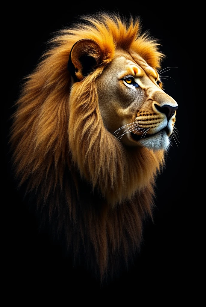 Realistic lion with minimalist gold details just the head and black background