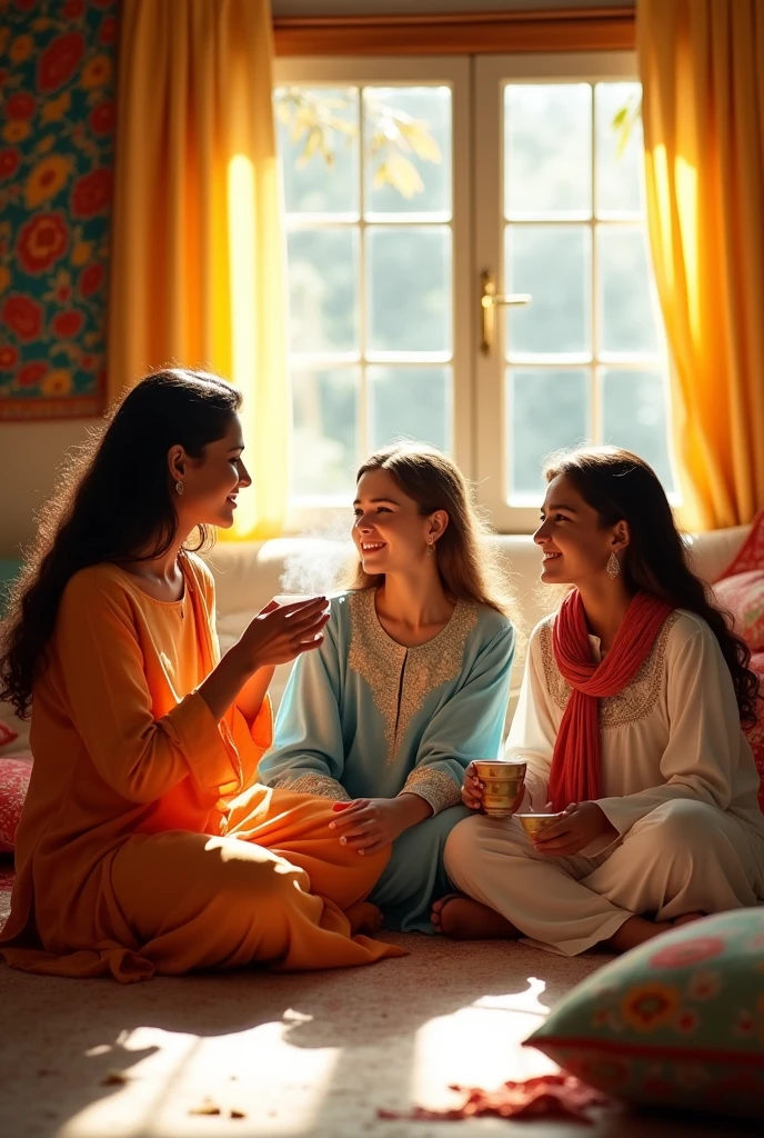 3 sisters are sitting on the floor, drinking tea,older one is 22 years old, tanned skin,wearing light orange colour designed shalwar kameej,middle one 20 years old, white skin,wearing baby blue tunic and white loose trouser,a scarf,little one 11 years old, white skin,wearing red colour half pant and red colour fotua( top)