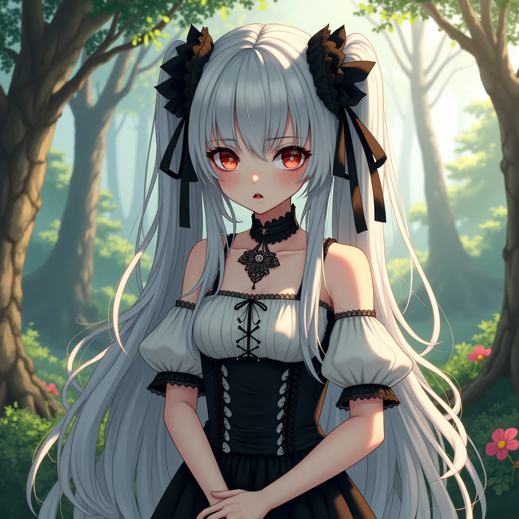(masterpiece:1.2), (best quality:1.2), perfect eyes, perfect face, perfect lighting, 1girl, mature female gothgal standing with her hands in front, long hair, intricate hairdo, makeup, black lips, thick eyelashes, sad, melancholy, wearing a gothgal outfit, black and white dress, frills, ribbons, puffy sleeves, bare shoulders, lacey choker, jewelry, peaceful, quiet, chill, detailed outdoor background, beautiful landscape, fantasy, summer, sunny, sunburnt, flowers, trees