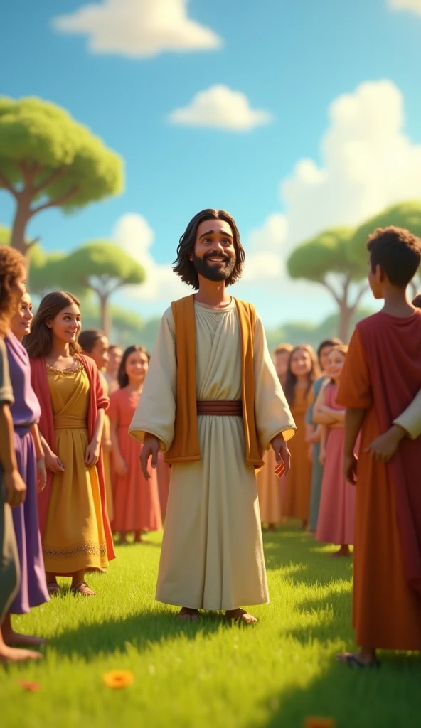 Jesus in the middle of the crowd on the field in 3D Pixar style