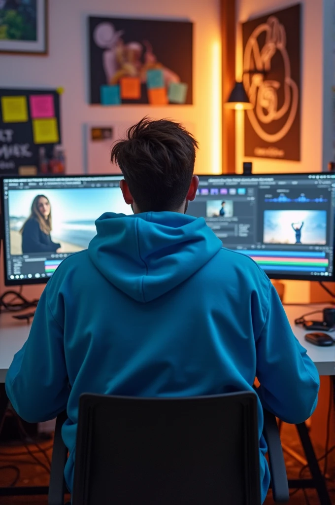 Video editor wearing blue hoodie in office