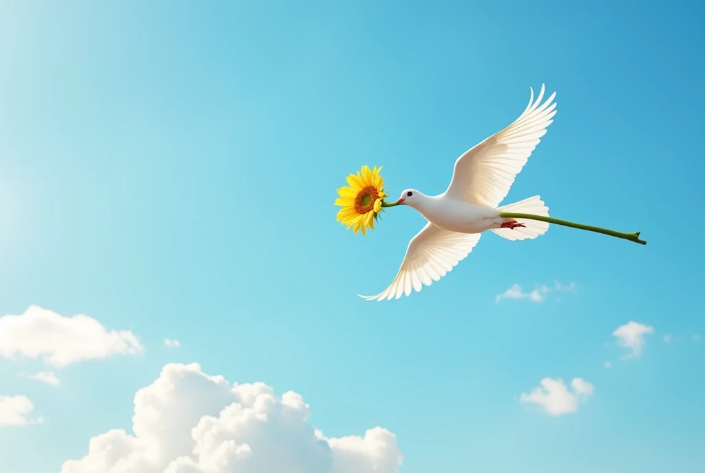A dove carrying sunflower with its stem flying in sky with clouds 
