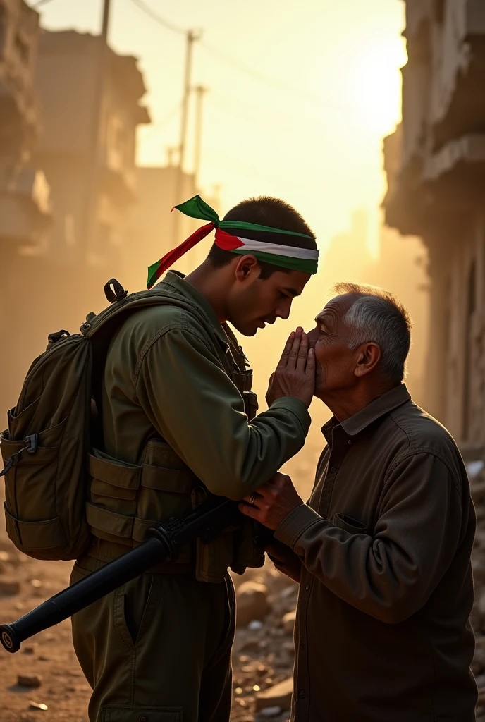 Picture of a Palestinian soldier wearing a Palestinian flag headband carrying an RPG kissing his father&#39;s and mother&#39;s hands in front of a collapsed building.