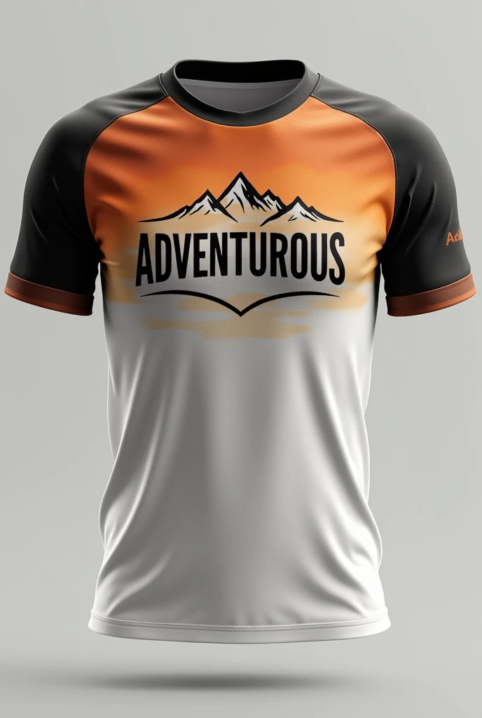 Image of a jersey of front and back side
Its brown and white colour. The brown colour blends in with white colour which means gradient. In the middle of the shirt has black and white outline and the font is "adventureous"