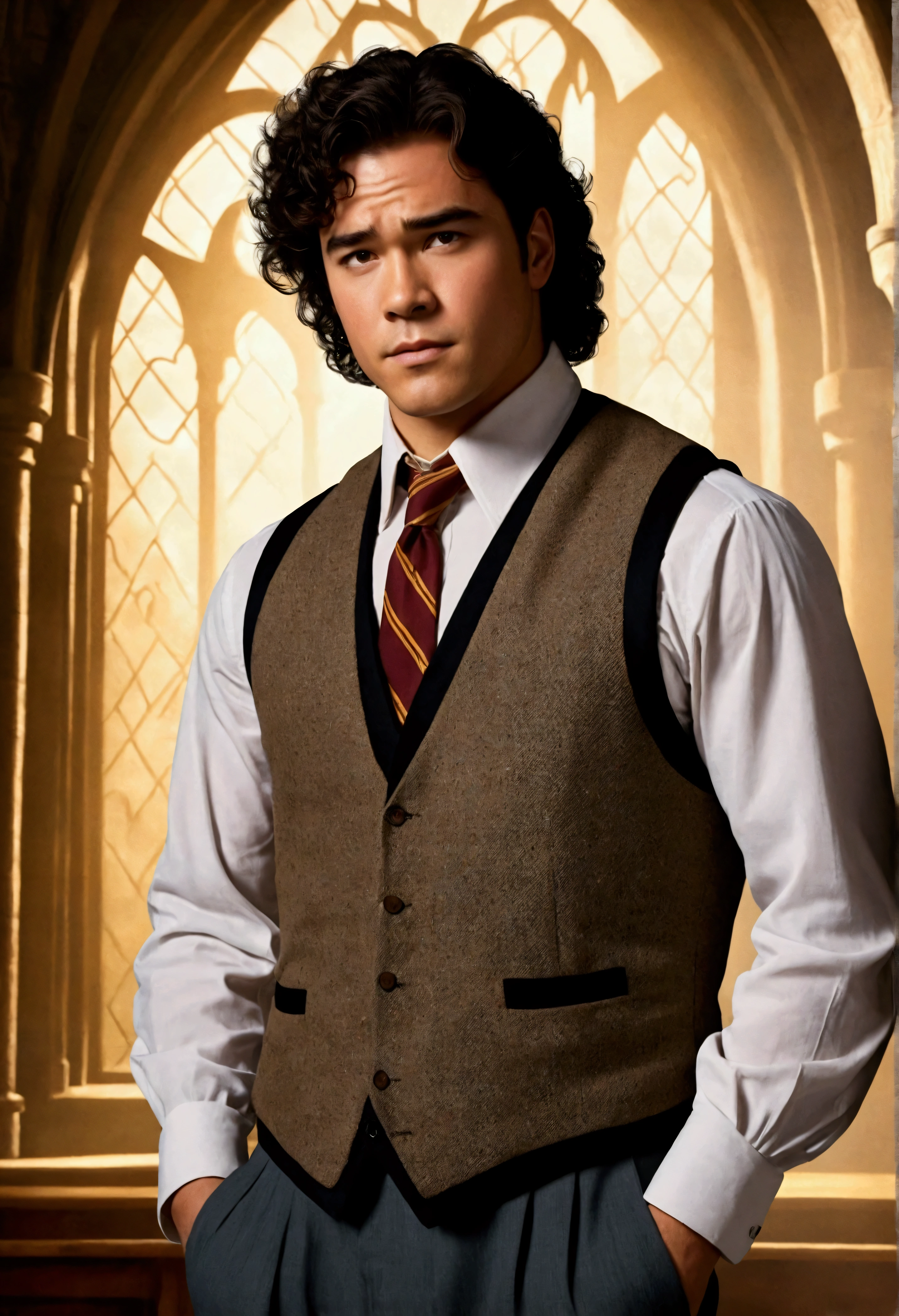 An illustrated movie poster, hand-drawn, full color, a Hogwarts Professor, 21 years old, male, brown eyes, brown-black hair, voluminous curly mane, suntan complexion, medium height, broad shoulders, stocky frame, muscular, rugged scruffy appearance, lots of body hair, resembles Dean Cain, wearing a tweed vest and slacks, standing in a Hogwarts Classroom, hard shadows, graphite shading, stencil marks, airbrushed acrylic paint, masterpiece, in the style of the Deathly Hallows