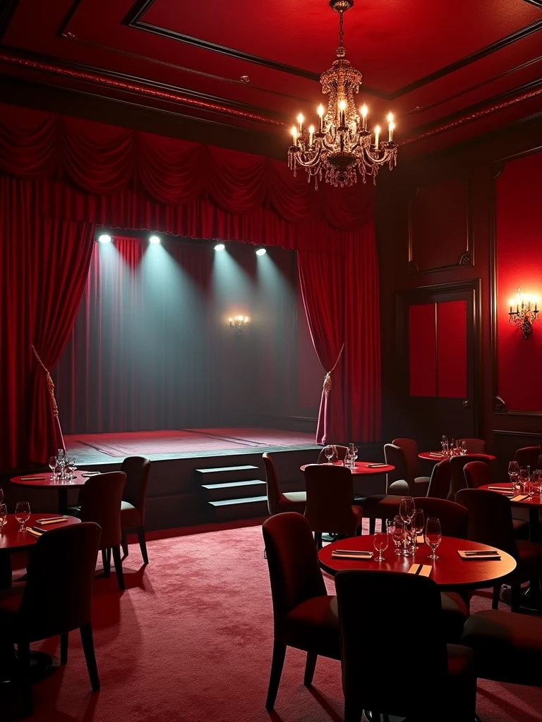 there is a room with tables and chairs and a projector screen, detailed an empty jazz cafe, ballroom background, random background scene, neo - noir setting, red room, nightclub, stage background, vip room, rich atmosphere, theatrical scenery, theater stage, empty stage, palatial scene, fancy restaurant, rich cinematic atmosphere, va-11 hall-a