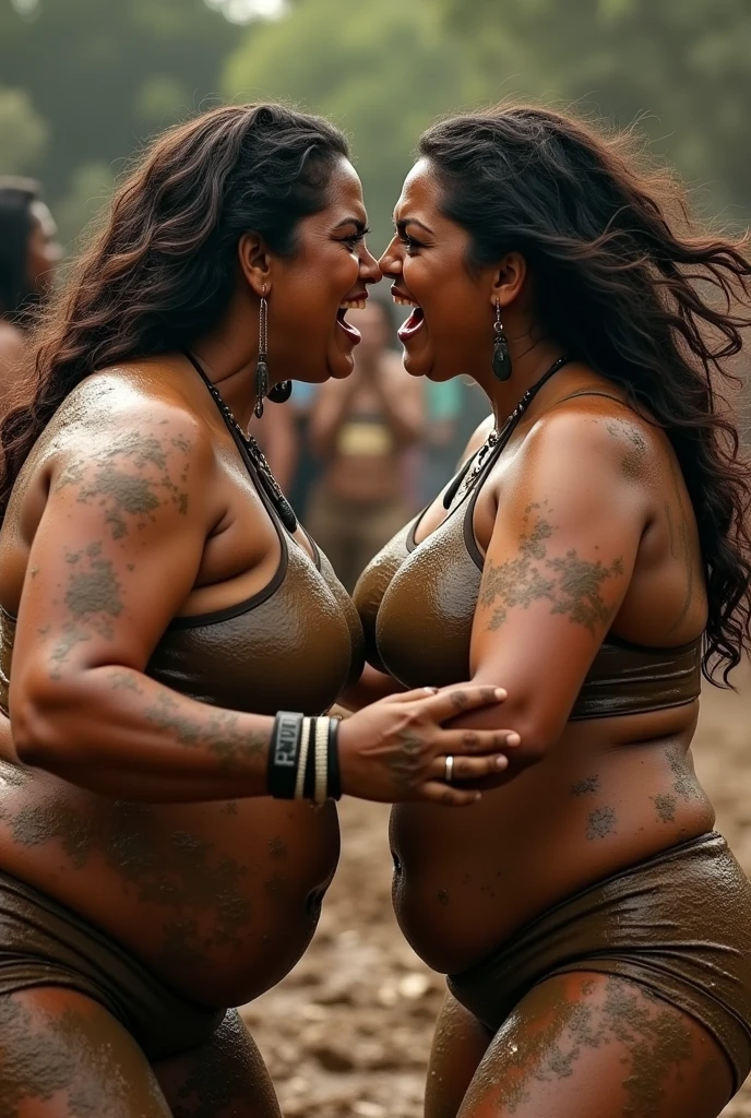 Two indian women age 30 big breast sexy figure tight ass very big ass catfight hair pulling in mud full body in mud stare each other angry noses touching