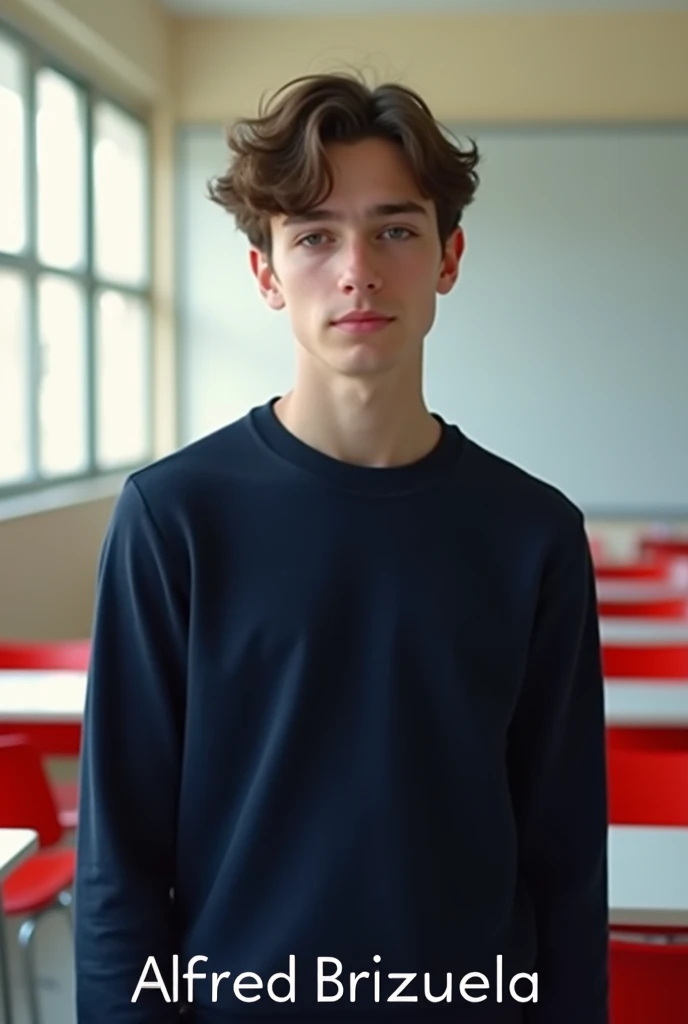 Create a hyper realistic poster of a white 16 year old MAN, with wavy brown hair and dark brown eyes, hairstyle must be short curtains/middle part, slim build, dark navy blue sweater/jersey, background must be a white empty classroom with white desks and red chairs, in the University of the Incarnate Word Bajío, Mexico, facial expression must be neutral. Ethnicity must be white. Soft facial features, And a feminine jawline with a short ramus length. Poster must include a text saying “Alfred Brizuela”. Soft jawline. Hair length is slightly short