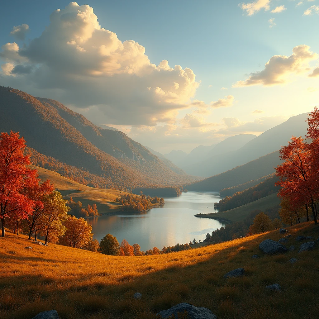 a calm autumn landscape, beautiful vibrant fall foliage, golden sunlight, serene lake reflection, rolling hills, lush green meadows, dense forest, detailed clouds in blue sky, warm color palette, dramatic lighting, cinematic composition, photorealistic, hyperdetailed, 8k, best quality