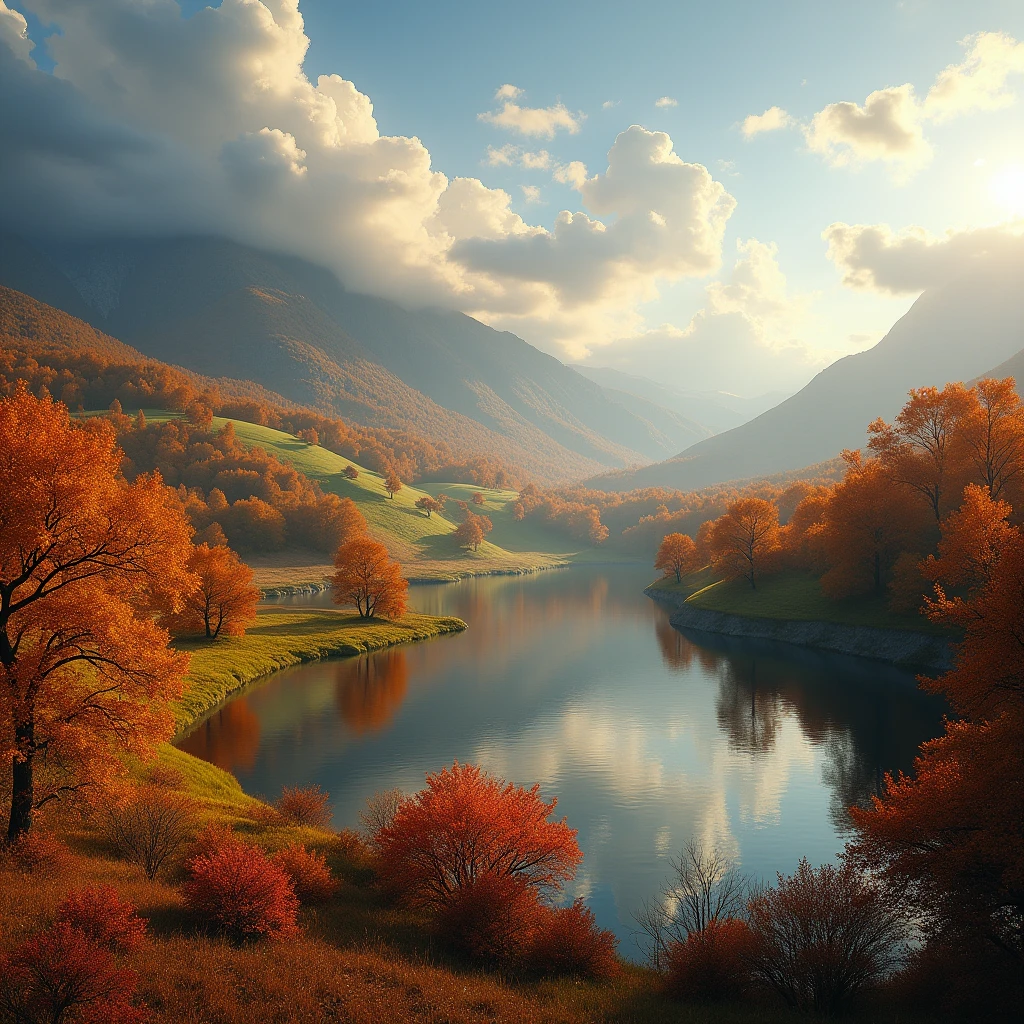 a calm autumn landscape, beautiful vibrant fall foliage, golden sunlight, serene lake reflection, rolling hills, lush green meadows, dense forest, detailed clouds in blue sky, warm color palette, dramatic lighting, cinematic composition, photorealistic, hyperdetailed, 8k, best quality