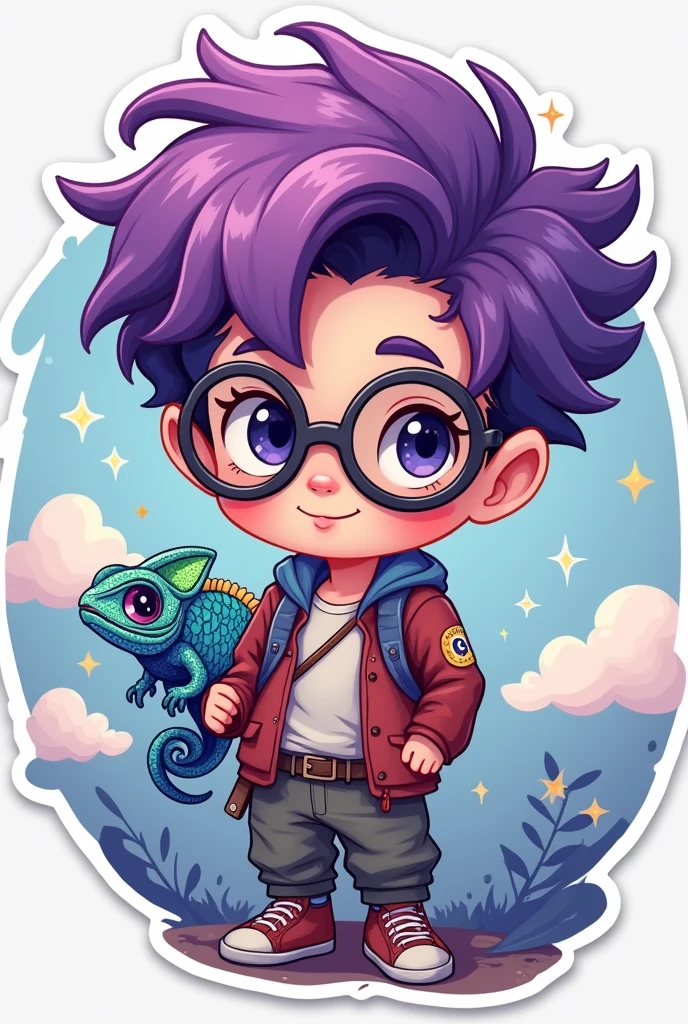 Cute Sticker Chibi boy purple hair glasses magical chameleon 