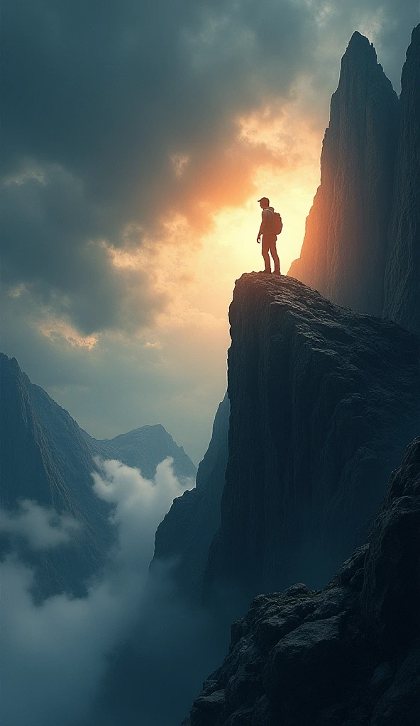 A determined person standing at the edge of a steep mountain, with dark clouds above representing challenges. Despite the harsh weather, the person stands strong, with a glowing aura symbolizing inner strength.