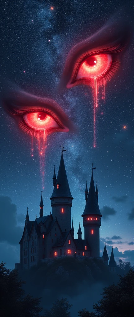 an epic comic anime picture of a ((of 2 glowing red eyes: 1.3)) formed in the night sky full of  stars, BREAK a ((2 of vampire fangs: 1.3))  formed in the night sky ((full many of stars, shining stars: 1.5)), dark goth fantasy castle background,Ultra-high resolution, High Contrast, (masterpiece:1.5), highest quality, Best aesthetics), 16K fantasy art, best details, best quality, highres, (ultra wide angle: 1.2), 16k, [ultra detailed], masterpiece, best quality, (extremely detailed)