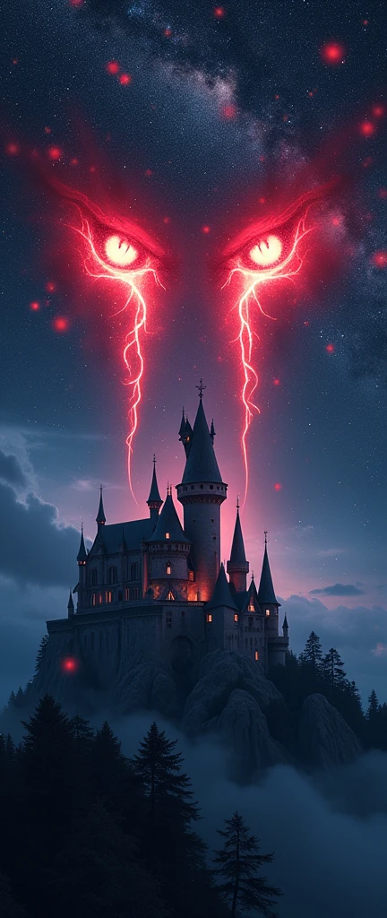 an epic comic anime picture of a ((of 2 glowing red eyes: 1.3)) formed in the night sky full of  stars, BREAK a ((2 of vampire fangs: 1.3))  formed in the night sky ((full many of stars, shining stars: 1.5)), dark goth fantasy castle background,Ultra-high resolution, High Contrast, (masterpiece:1.5), highest quality, Best aesthetics), 16K fantasy art, best details, best quality, highres, (ultra wide angle: 1.2), 16k, [ultra detailed], masterpiece, best quality, (extremely detailed)