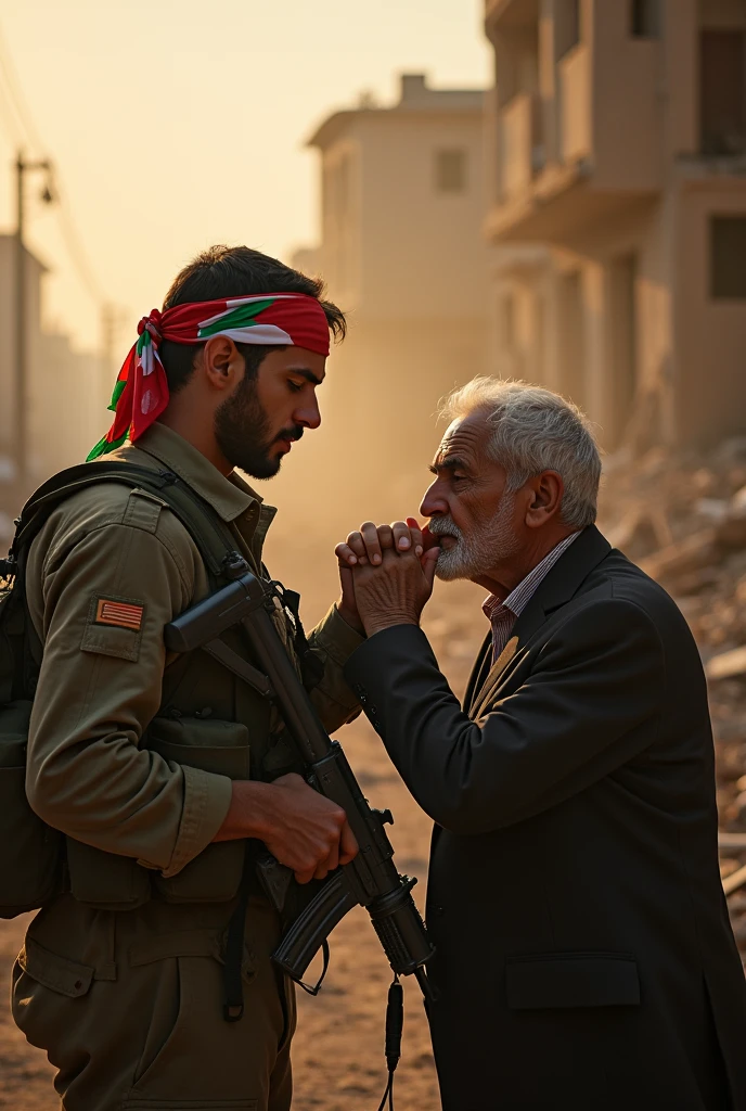 Picture of a Palestinian soldier wearing a Palestinian flag headband carrying an RPG kissing his father's and mother's hands in front of a collapsed building.