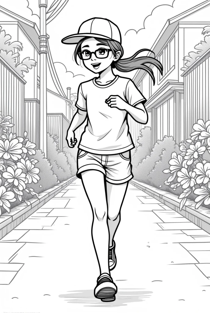 You are the manager of the Zara brand.. Create a children's coloring illustration with fashionable clothes elements for girls:: The picture is black and white, so that the children can color it themselves . girl in a cap, short shorts and a T-shirt, Kedah, hair pulled back into a long ponytail, I have iPhone earphones in my ears, which sticks out of the pocket, in sunglasses - jogging along an alley of fantastically beautiful flowers and trees. That same girl, but a side view and without glasses, but the weather is rainy . That same girl, but in profile and without glasses he runs down the street. it's raining. fix: girl without glasses! hair short . side view. Runs along the city streets along the houses.