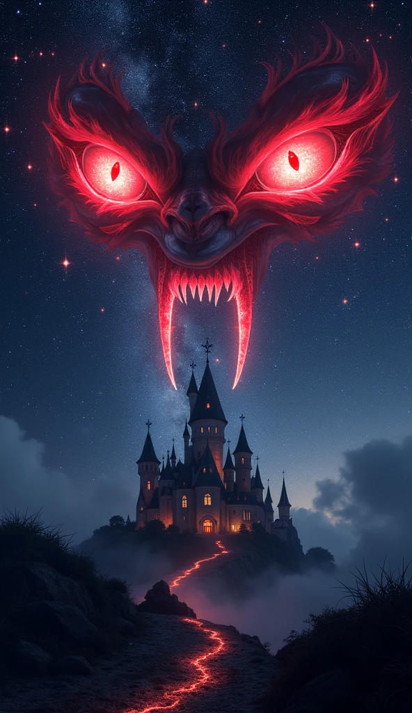 a picture of a ((of 2 glowing red eyes: 1.3)) formed in the night sky full of  stars, BREAK a ((2 of vampire fangs: 1.3))  formed in the night sky ((full many of stars, shining stars: 1.5)), dark goth fantasy castle background,Ultra-high resolution, High Contrast, (masterpiece:1.5), highest quality, Best aesthetics), 16K fantasy art, best details, best quality, highres, (ultra wide angle: 1.2), 16k, [ultra detailed], masterpiece, best quality, (extremely detailed)