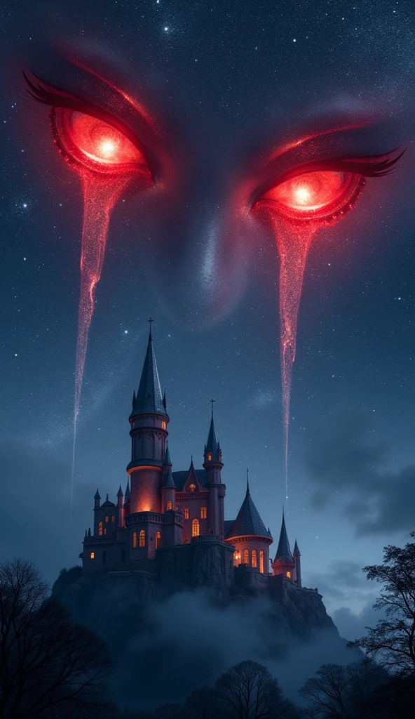 an epic comic anime picture of a ((of 2 glowing red eyes: 1.3)) formed in the night sky full of  stars, BREAK a ((2 of vampire fangs: 1.3))  formed in the night sky ((full many of stars, shining stars: 1.5)), dark goth fantasy castle background,Ultra-high resolution, High Contrast, (masterpiece:1.5), highest quality, Best aesthetics), 16K fantasy art, best details, best quality, highres, (ultra wide angle: 1.2), 16k, [ultra detailed], masterpiece, best quality, (extremely detailed)