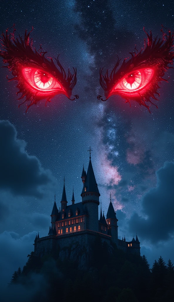 an epic comic anime picture of a ((of 2 glowing red eyes: 1.3)) formed in the night sky full of  stars, BREAK a ((2 of vampire fangs: 1.3))  formed in the night sky ((full many of stars, shining stars: 1.5)), dark goth fantasy castle background,Ultra-high resolution, High Contrast, (masterpiece:1.5), highest quality, Best aesthetics), 16K fantasy art, best details, best quality, highres, (ultra wide angle: 1.2), 16k, [ultra detailed], masterpiece, best quality, (extremely detailed)