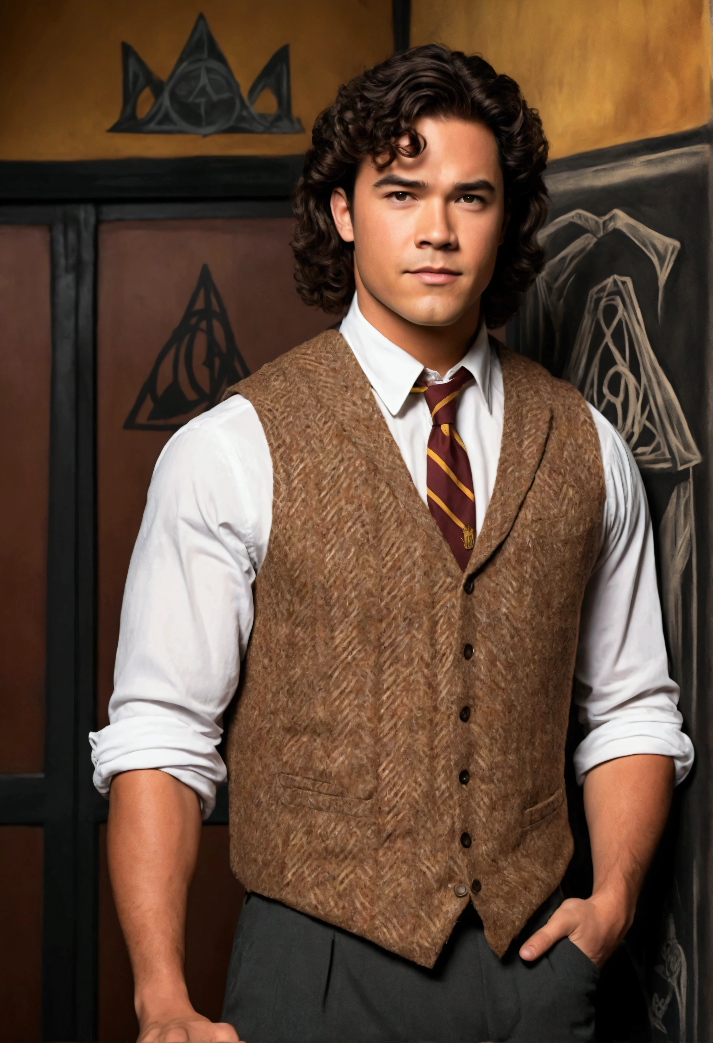 An illustrated movie poster, hand-drawn, full color, a Hogwarts Professor, 21 years old, male, brown eyes, brown-black hair, voluminous curly mane, suntan complexion, medium height, broad shoulders, stocky frame, muscular, rugged scruffy appearance, lots of body hair, resembles Dean Cain, wearing a tweed vest and slacks, standing in a Hogwarts Classroom, hard shadows, graphite shading, stencil marks, airbrushed acrylic paint, masterpiece, in the style of the Deathly Hallows