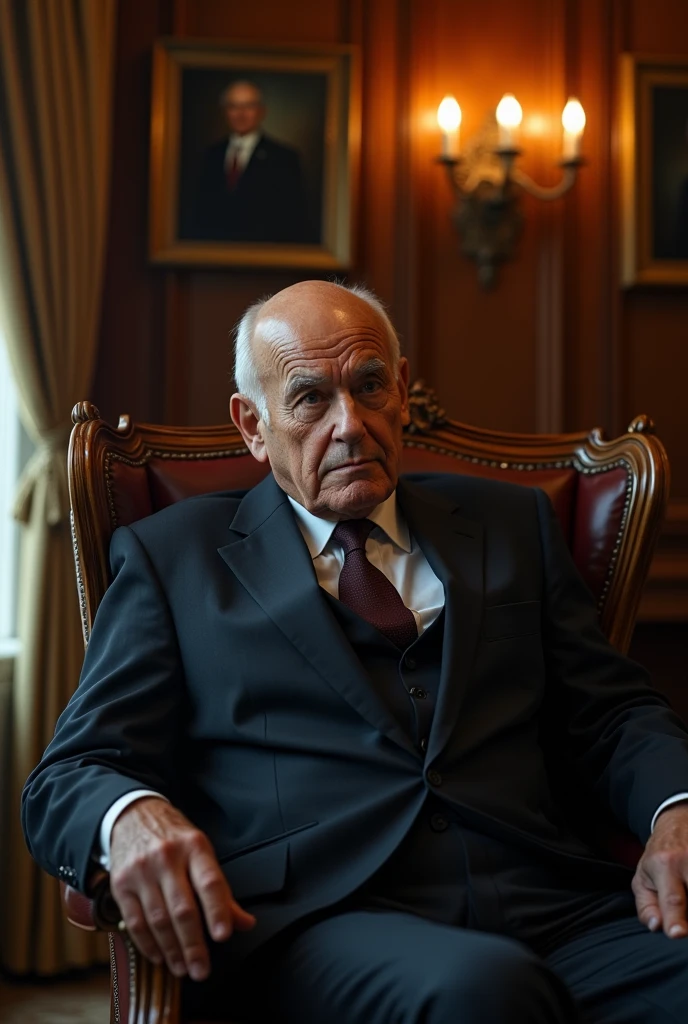 A photo from the back of an old man with a bald head sitting in a presidential chair
