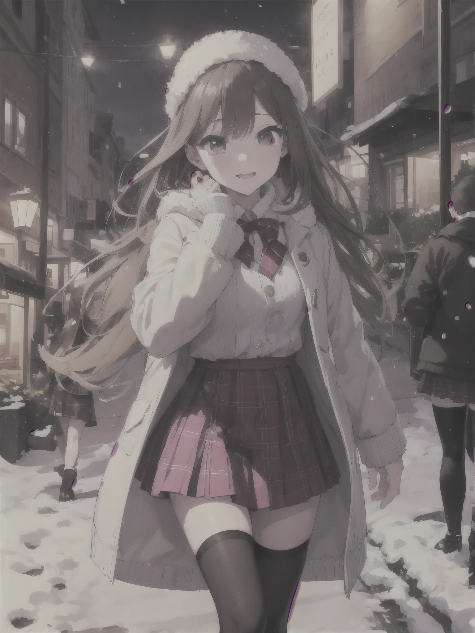 College girl in love、Snow Scene、With a red face、Walking through the city at night with a sense of excitement、Heart Particles、Particles of musical notes、White heavy duffle coat、Red tartan skirt、Black Stockings、Hold me pose