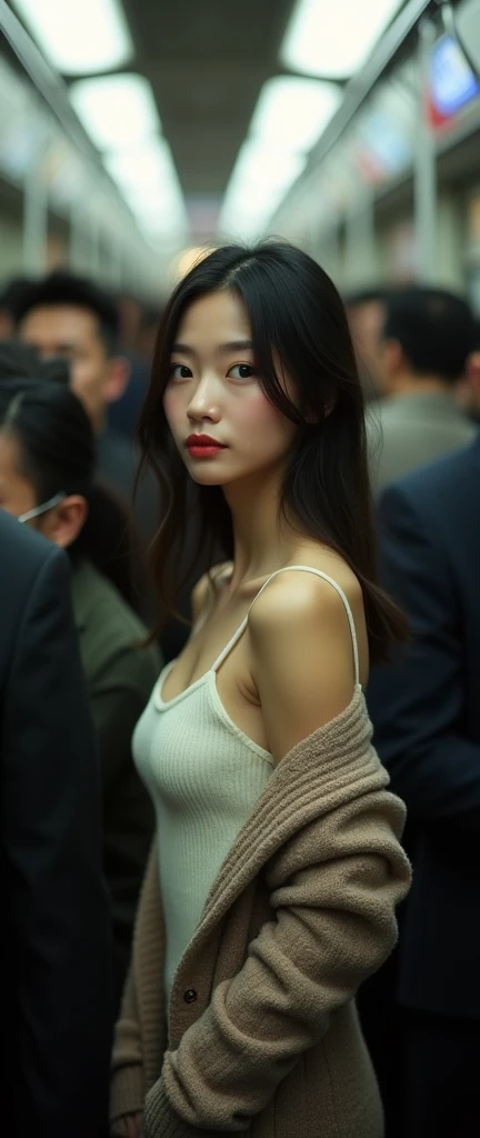 (32K:1.9, Highest quality, masterpiece, Ultra-high resolution, Professional low-angle camerawork:1.5, Very detailedな肌と顔の質感:1.4), Always accurate, Very detailed, bag, (((((Crowded train:2.0, Crazy behavior:2.2, A man touches a woman's body:2.5))))), ((25 year old Japanese woman, Big breasts on the verge of collapse:1.2, Camisole dress and cardigan:1.5, Incredibly slim body:1.3, areola is not visible)), belt, Fair skin, elegant, sense of cleanliness, Thin eyebrows, (Big eyes that exude beautiful eroticism:0.4, A shy smile:1.0, I despise you from the bottom of my heart:0.8, Open your mouth a little, lipstick, Feel the beautiful eroticism:0.9, Dark brown medium hair), Earrings, necklace, bracelet, romantic, mysterious, Object of admiration, original, dramatic, artistic, Innovative, charm, Heartful, Fancy, Tilt, sense of loss, special, ((exciting, Extreme, sense of openness, suffering, sufferingの表現)), (((Mistakes of youth, 女性的なcharm)))