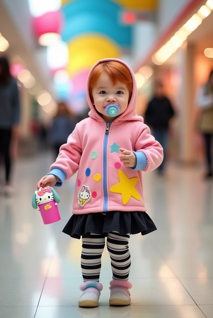 create an image baby one year old redhead short hair wearing an outfit consisting of a pink hooded jacket, with a big yellow star on the front and colorful spots. The jacket has light blue cuffs and a black ruffled hem with gray stripes.. down, there are black and white striped leggings, combined with pastel striped socks, sucking on a hello kitty pacifier in a mall holding a pink thermos with the character "My Melody" from Sanrio. It has a handle and a lid that looks like My Melody&#39;s head., with ears and a flower. The body of the bottle is decorated with illustrations of My Melody in various poses., along with flowers and hearts.