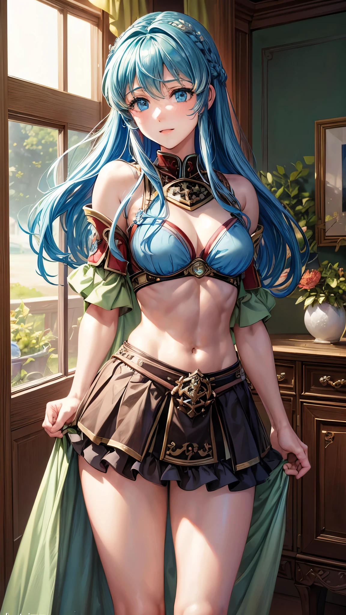 def_eirika (masterpiece, best quality, ultra-high-detailed-anatomy, hdr, vivid colors, art by Nagasawa Rosetsu John William Waterhouse) blue hair, twinlocks, happy, joyful, bedroom, background, bikini, muscular, fire emblem eirika, abs, obliques, biceps, quadriceps 