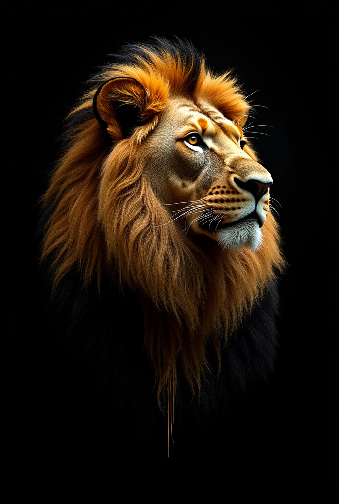 Realistic lion with minimalist gold details just the head and black background